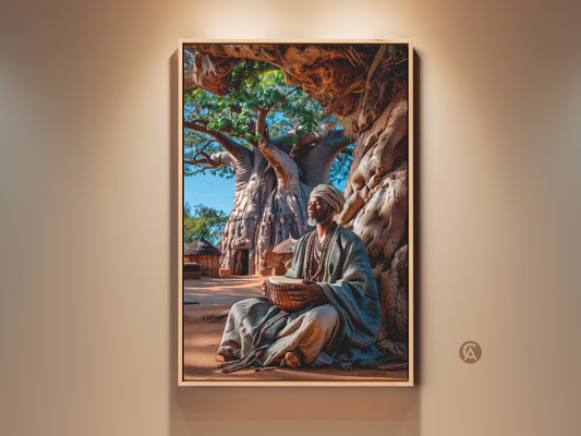 African man drumming under a baobab tree artwork. This boho earth tone wall decor brings a cultural touch to any space. It's a canvas art gift that captures a realistic African scene. The print features natural earth tones ideal for entryway wall decor or as a housewarming gift.