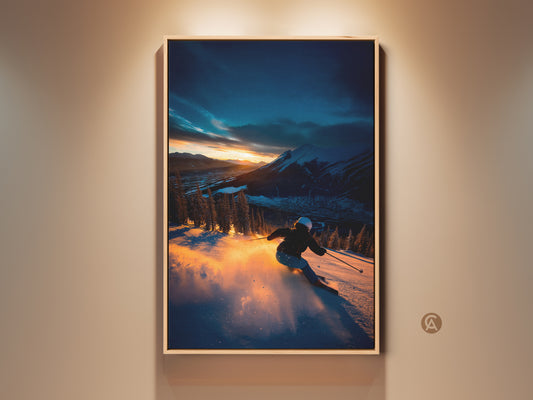 A skier descends a snow-covered mountain at sunset. This vibrant artwork captures the thrill of winter sports. Golden light illuminates the snow creating a stunning contrast with the dark blue sky. Perfect for ski enthusiasts and mountain art collectors. Add a touch of adventure to your home decor with this landscape.