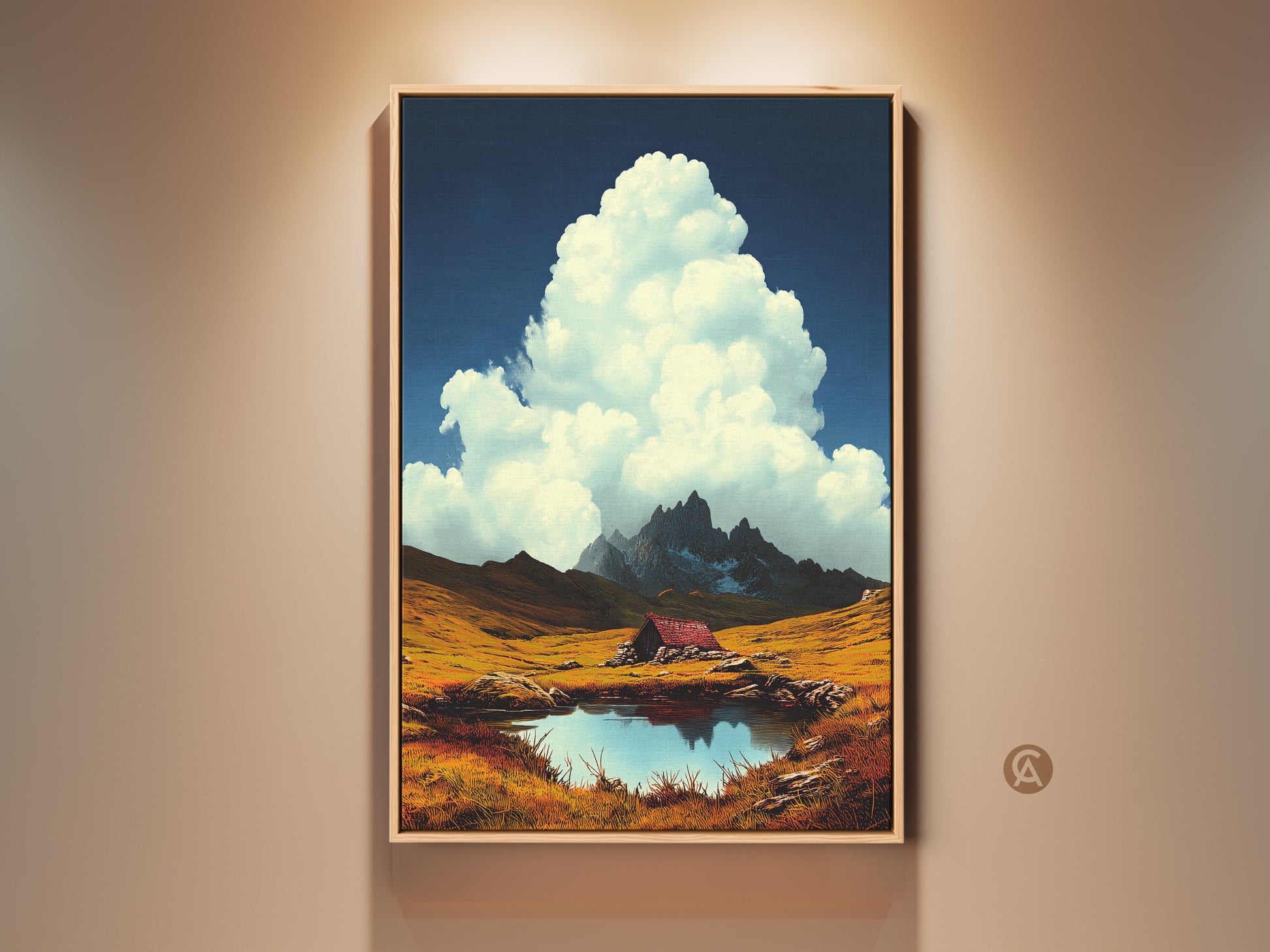 Rustic mountain cabin art print features an alpine lake landscape under a deep blue sky. Golden field brings a natural aesthetic. Perfect scenic nature wall art for cabin decor. A great gift for outdoor lovers. Hang this lake and mountain artwork in your country living room.  