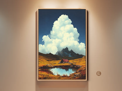 Rustic mountain cabin art print features an alpine lake landscape under a deep blue sky. Golden field brings a natural aesthetic. Perfect scenic nature wall art for cabin decor. A great gift for outdoor lovers. Hang this lake and mountain artwork in your country living room.  
