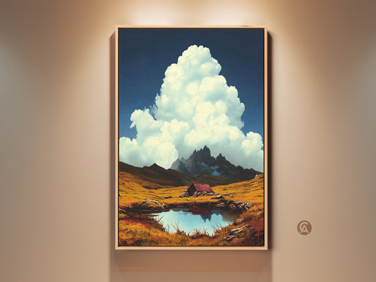 Rustic mountain cabin art print features an alpine lake landscape under a deep blue sky. Golden field brings a natural aesthetic. Perfect scenic nature wall art for cabin decor. A great gift for outdoor lovers. Hang this lake and mountain artwork in your country living room.  