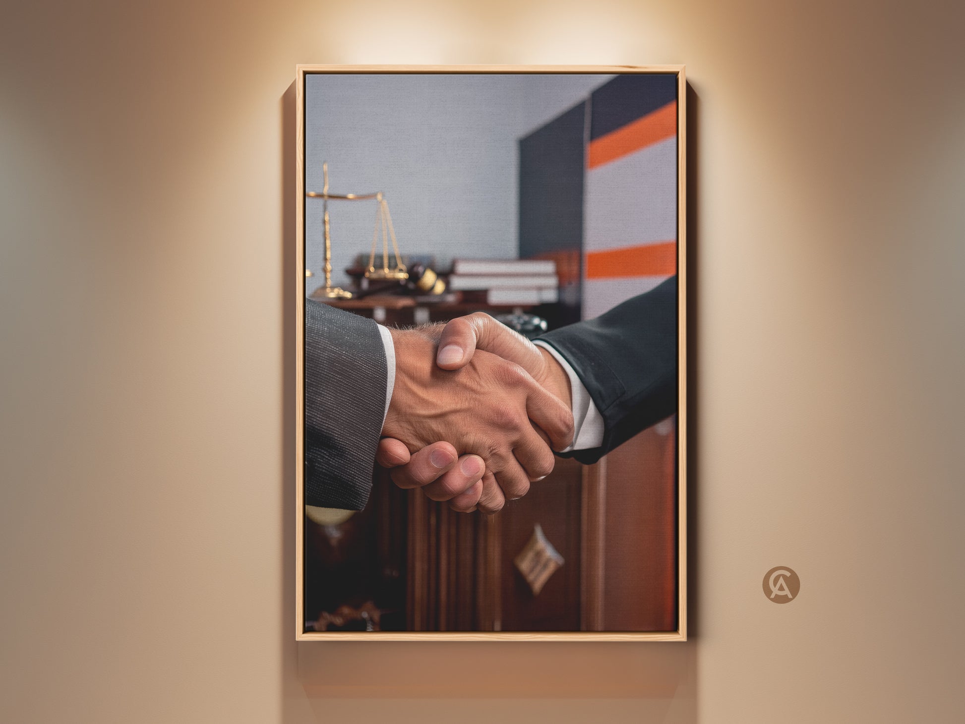 Contemporary handshake canvas print for office decor. This lawyer gift idea features scales of justice artwork in dark brown and grey tones. It is the perfect business agreement wall decor for an executive suite or law firm looking for sophisticated artwork. The partnership wall decor symbolizes trust and professionalism in any workspace.