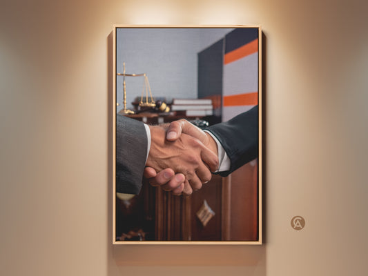 Contemporary handshake canvas print for office decor. This lawyer gift idea features scales of justice artwork in dark brown and grey tones. It is the perfect business agreement wall decor for an executive suite or law firm looking for sophisticated artwork. The partnership wall decor symbolizes trust and professionalism in any workspace.