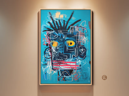 Contemporary wall art featuring an abstract face. The artwork has bold lines and vibrant colors. This modern painting is framed. It will add a touch of sophistication and intrigue to any room. This framed canvas is ready to hang and enjoy.