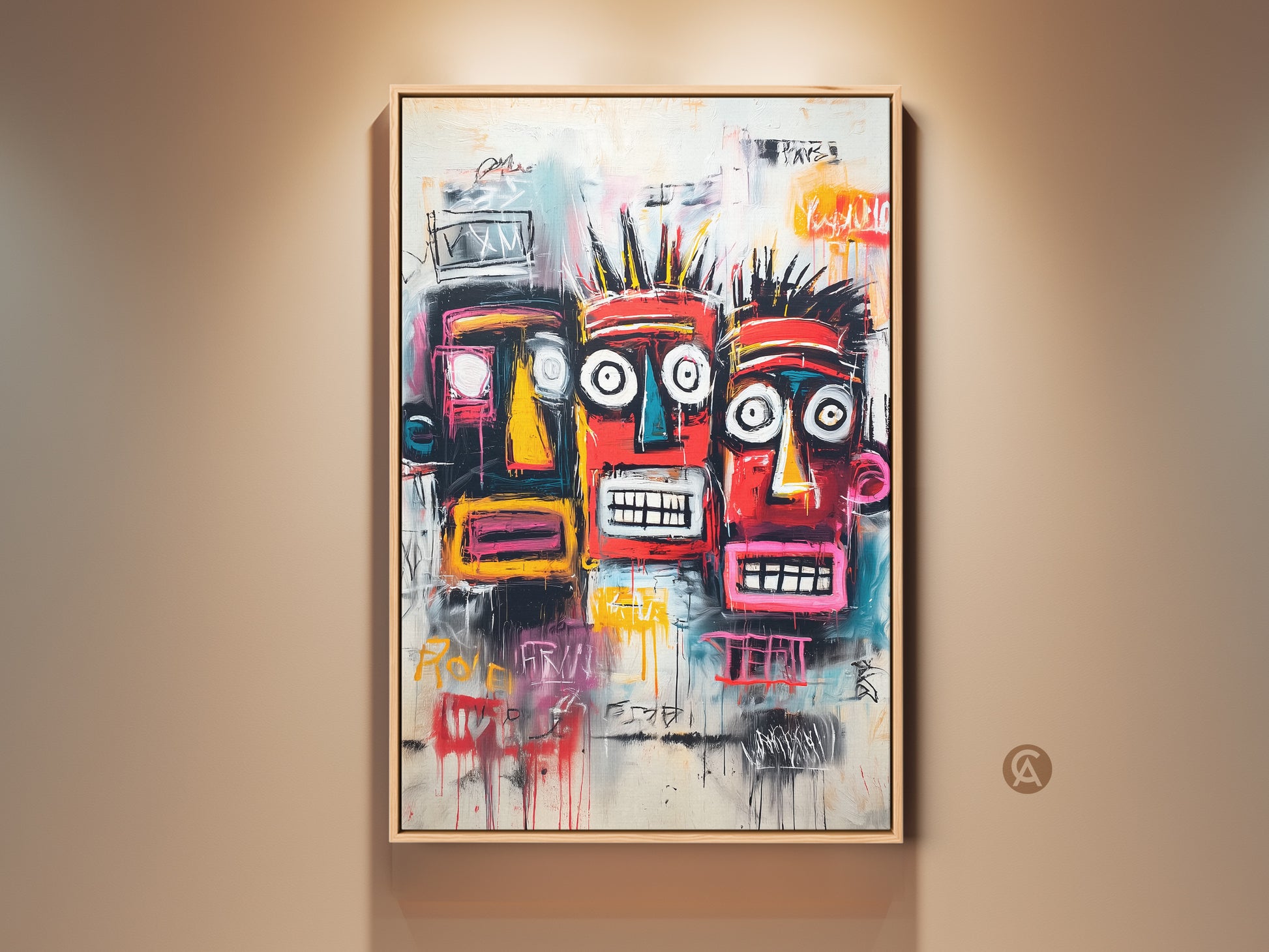 Framed artwork of three colorful tribal faces. The art is a modern graffiti style. The colors are vibrant and eye-catching. A unique conversation piece for any home or office.