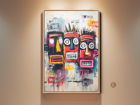 Framed artwork of three colorful tribal faces. The art is a modern graffiti style. The colors are vibrant and eye-catching. A unique conversation piece for any home or office.