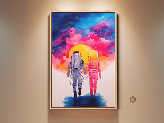 Contemporary watercolor art featuring a romantic astronaut couple holding hands. The space artwork shows them walking towards a sunset in a dreamy galaxy. Pink blue and yellow hues create a celestial themed art print perfect as an anniversary gift or bedroom wall art.