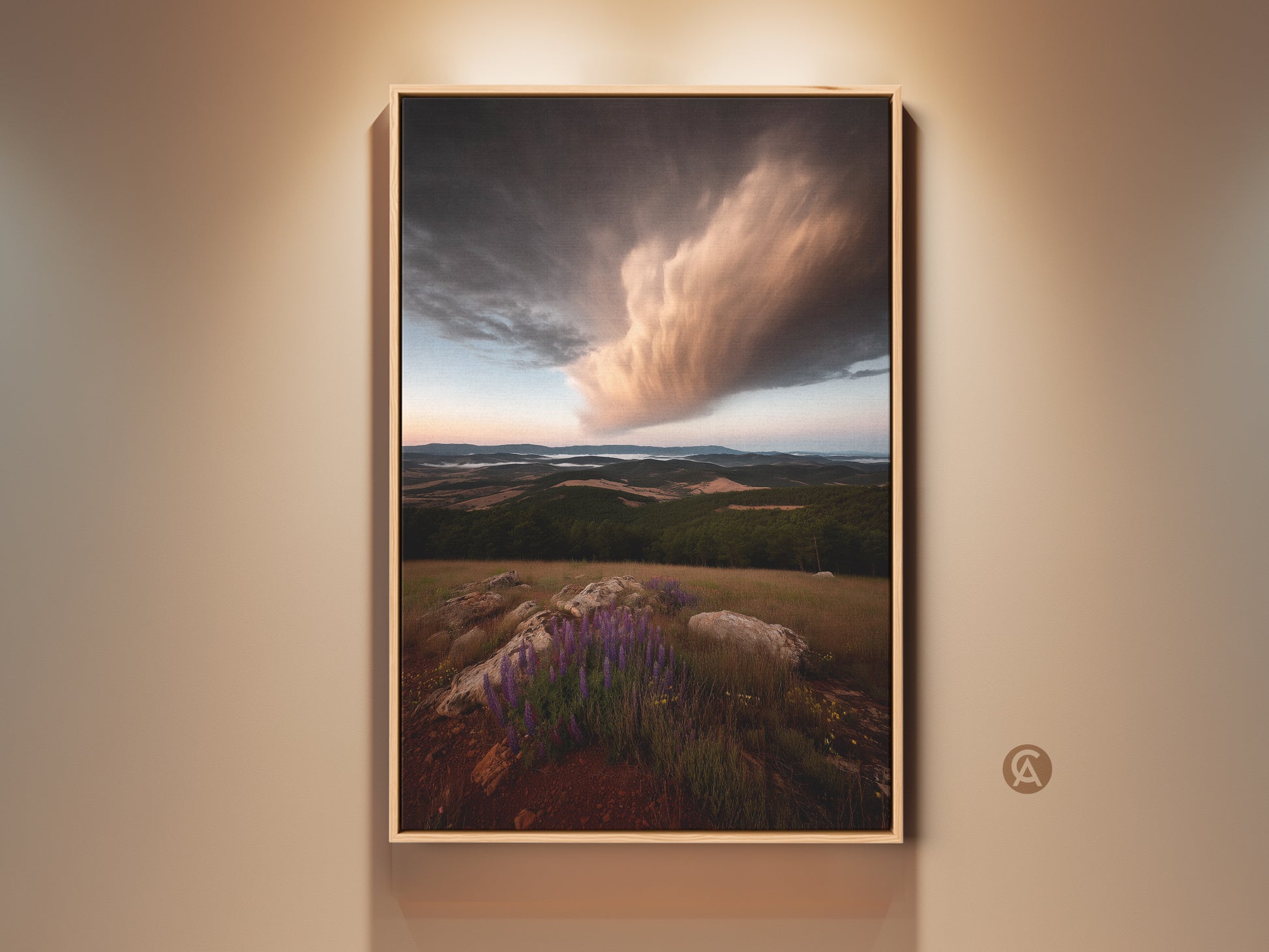 Nature Landscape Canvas Print features a dramatic storm cloud over rolling hills. Wildflowers add vibrant color. This photorealistic taupe and blue art brings natural grandeur to any space. Perfect modern farmhouse wall decor for nature lovers.