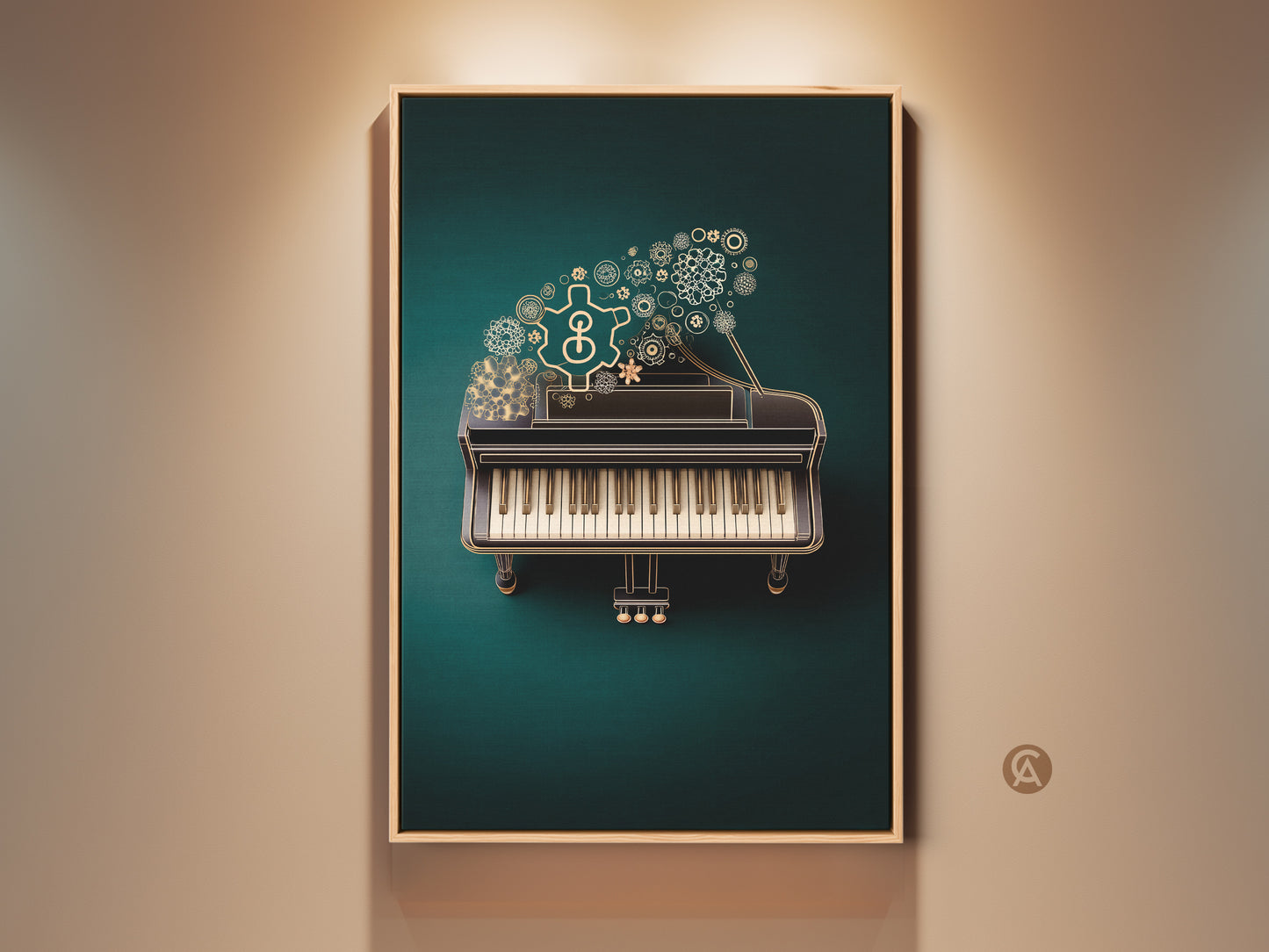 Steampunk Grand Piano Canvas Art offers a unique blend of mechanical and musical elements. See the emerald and gold gears floating above the piano. This eclectic art print is perfect for a study office or as a gift for musicians. It adds a touch of vintage industrial style to any space.