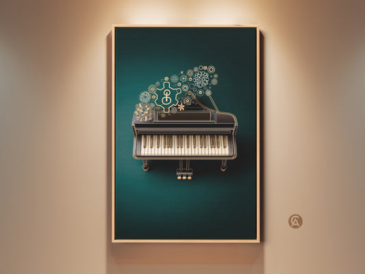 Steampunk Grand Piano Canvas Art offers a unique blend of mechanical and musical elements. See the emerald and gold gears floating above the piano. This eclectic art print is perfect for a study office or as a gift for musicians. It adds a touch of vintage industrial style to any space.