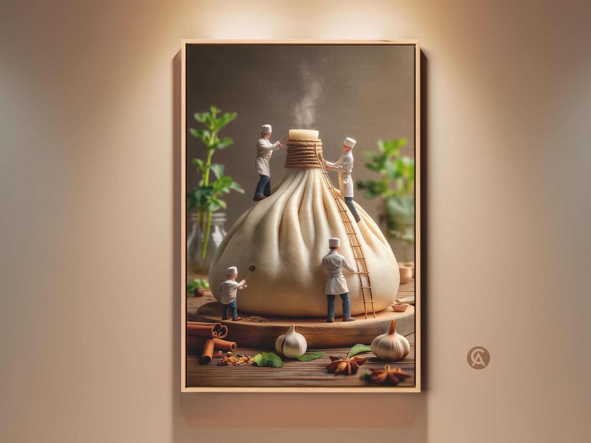 Whimsical kitchen art print featuring miniature chefs preparing a giant dumpling. This quirky food art adds a playful touch to any kitchen decor. Perfect for foodies and art lovers alike it is a unique piece that sparks conversation.