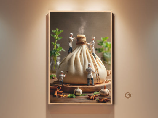 Whimsical kitchen art print featuring miniature chefs preparing a giant dumpling. This quirky food art adds a playful touch to any kitchen decor. Perfect for foodies and art lovers alike it is a unique piece that sparks conversation.
