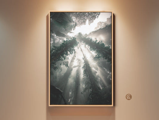 A stunning Teal Gray Green Nature Landscape Canvas print showcases a Biophilic forest with sunbeams. This misty trees artwork brings an atmospheric jungle vibe indoors. Perfect as calming wall decor for a bedroom or a unique housewarming gift for nature enthusiasts.