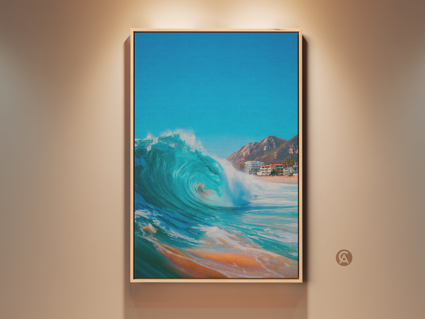 Framed wave art on canvas. Ocean wave crests in a beach art print. A blue wave barrels toward the shore. The artwork has a natural wood frame. Perfect coastal decor.