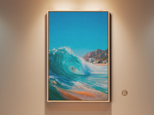 Framed wave art on canvas. Ocean wave crests in a beach art print. A blue wave barrels toward the shore. The artwork has a natural wood frame. Perfect coastal decor.