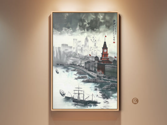 Framed vintage cityscape art print featuring a tall ship and clock tower. This maritime architecture decor is perfect for an eclectic home office. The black grey and red artwork offers a unique urban landscape with historical charm.