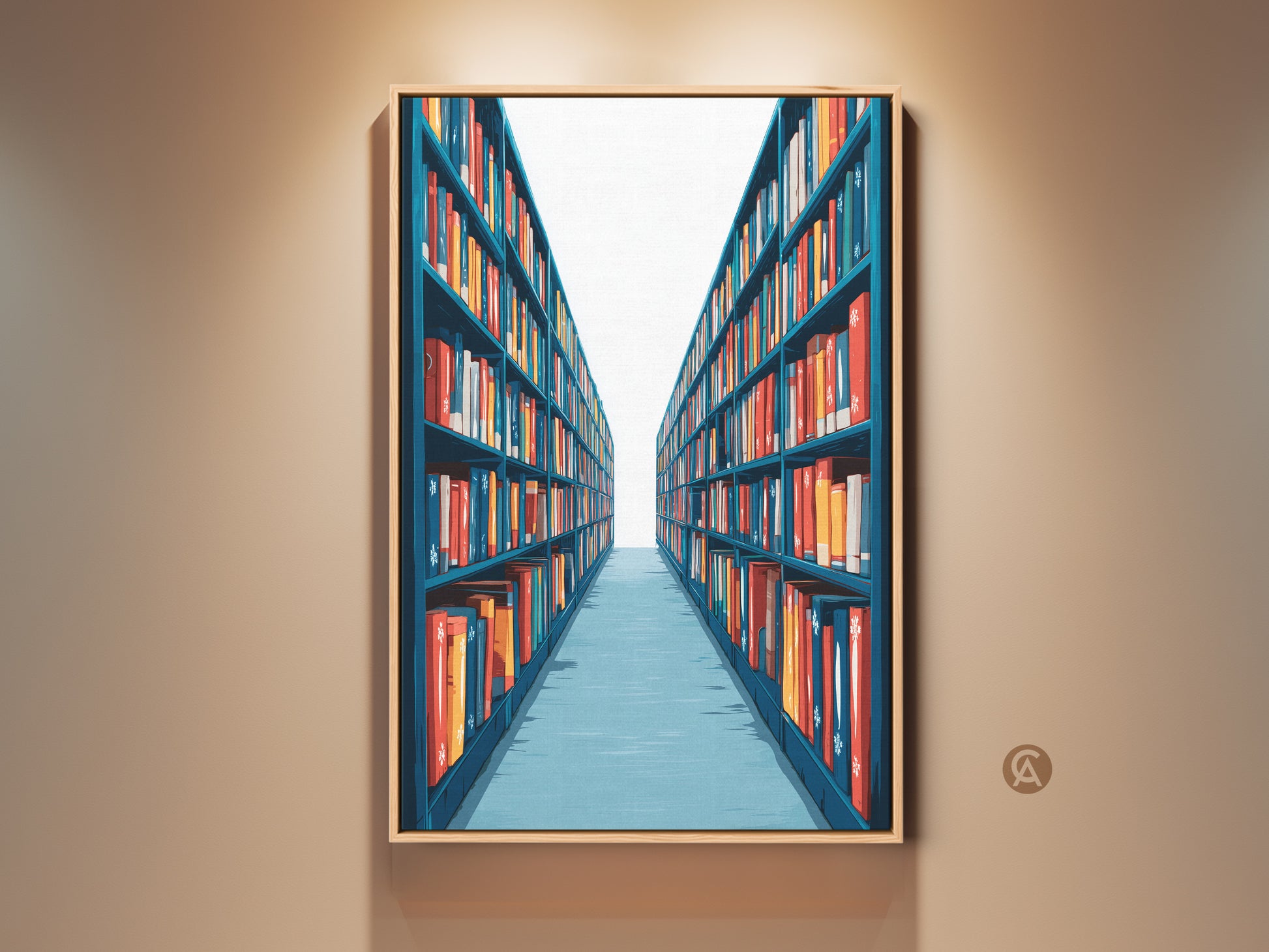 Teal and Red Bookshelf art print in a frame displayed on a beige wall. This Library scene wall artwork brings a modern touch to your study room or home office decor. The contemporary art piece captures the essence of organized knowledge and literary charm.