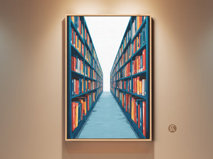 Teal and Red Bookshelf art print in a frame displayed on a beige wall. This Library scene wall artwork brings a modern touch to your study room or home office decor. The contemporary art piece captures the essence of organized knowledge and literary charm.