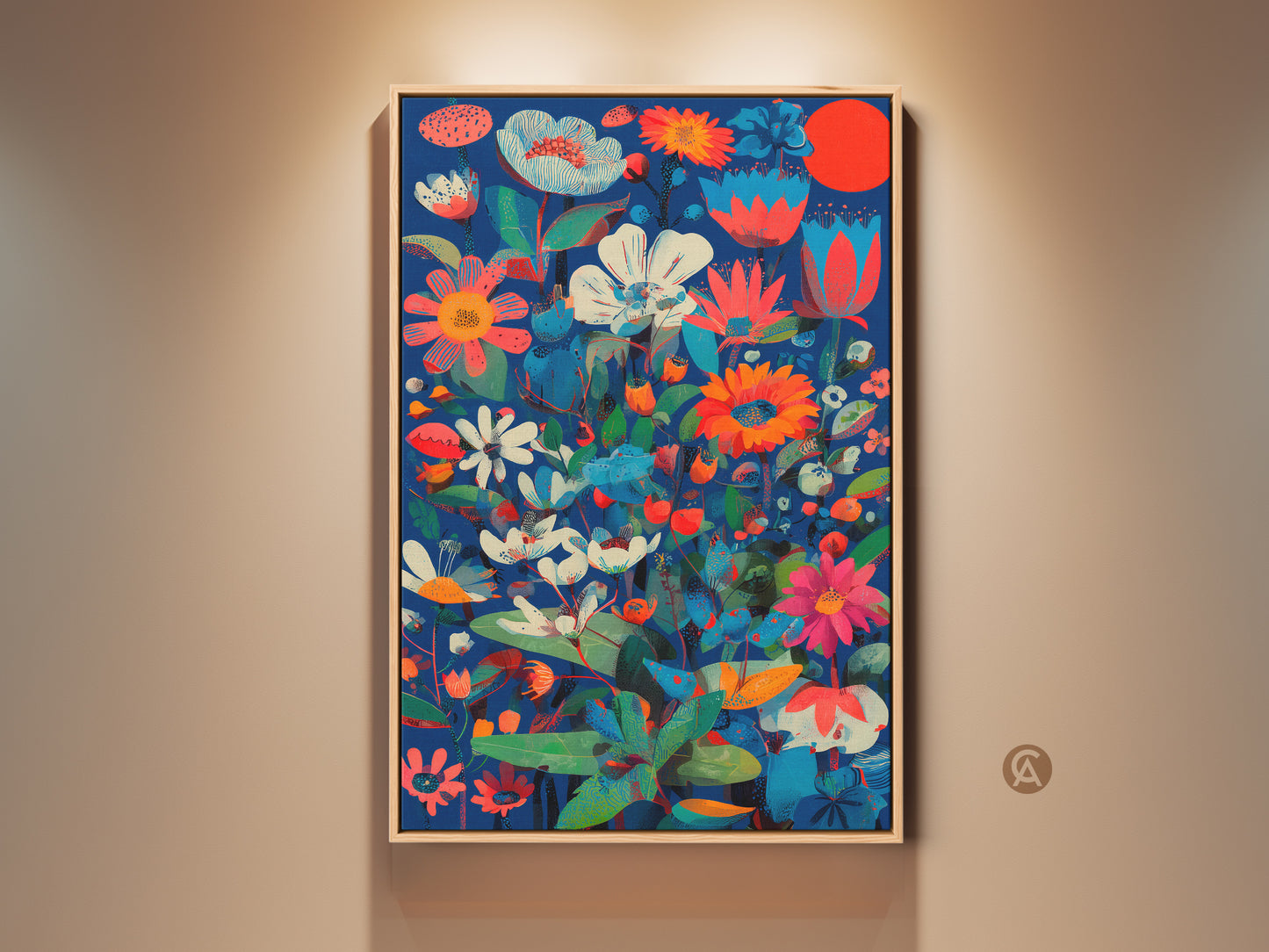 Framed botanical abstract wall art. The floral print features deep blue coral red and teal colors. This modern folk art canvas adds eclectic charm to any home decor. It is a perfect housewarming gift.