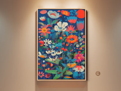 Framed botanical abstract wall art. The floral print features deep blue coral red and teal colors. This modern folk art canvas adds eclectic charm to any home decor. It is a perfect housewarming gift.