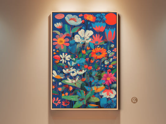 Framed botanical abstract wall art. The floral print features deep blue coral red and teal colors. This modern folk art canvas adds eclectic charm to any home decor. It is a perfect housewarming gift.