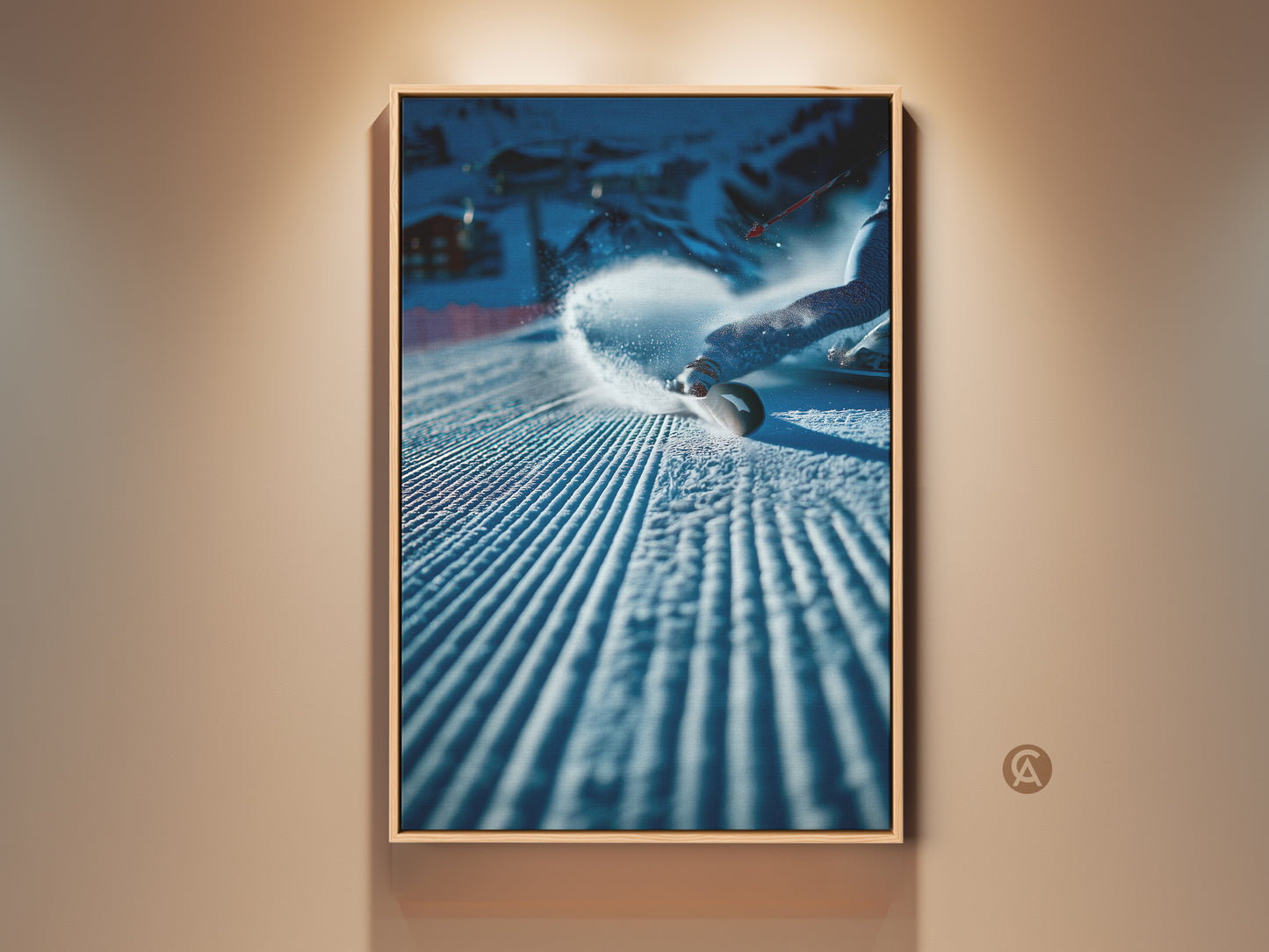 Framed art print of a snowboarder kicking up snow on a groomed run. The artwork is displayed under a warm spotlight. A modern and dynamic piece perfect for ski enthusiasts. Add this piece to your home today.