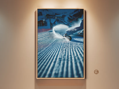 Framed art print of a snowboarder kicking up snow on a groomed run. The artwork is displayed under a warm spotlight. A modern and dynamic piece perfect for ski enthusiasts. Add this piece to your home today.