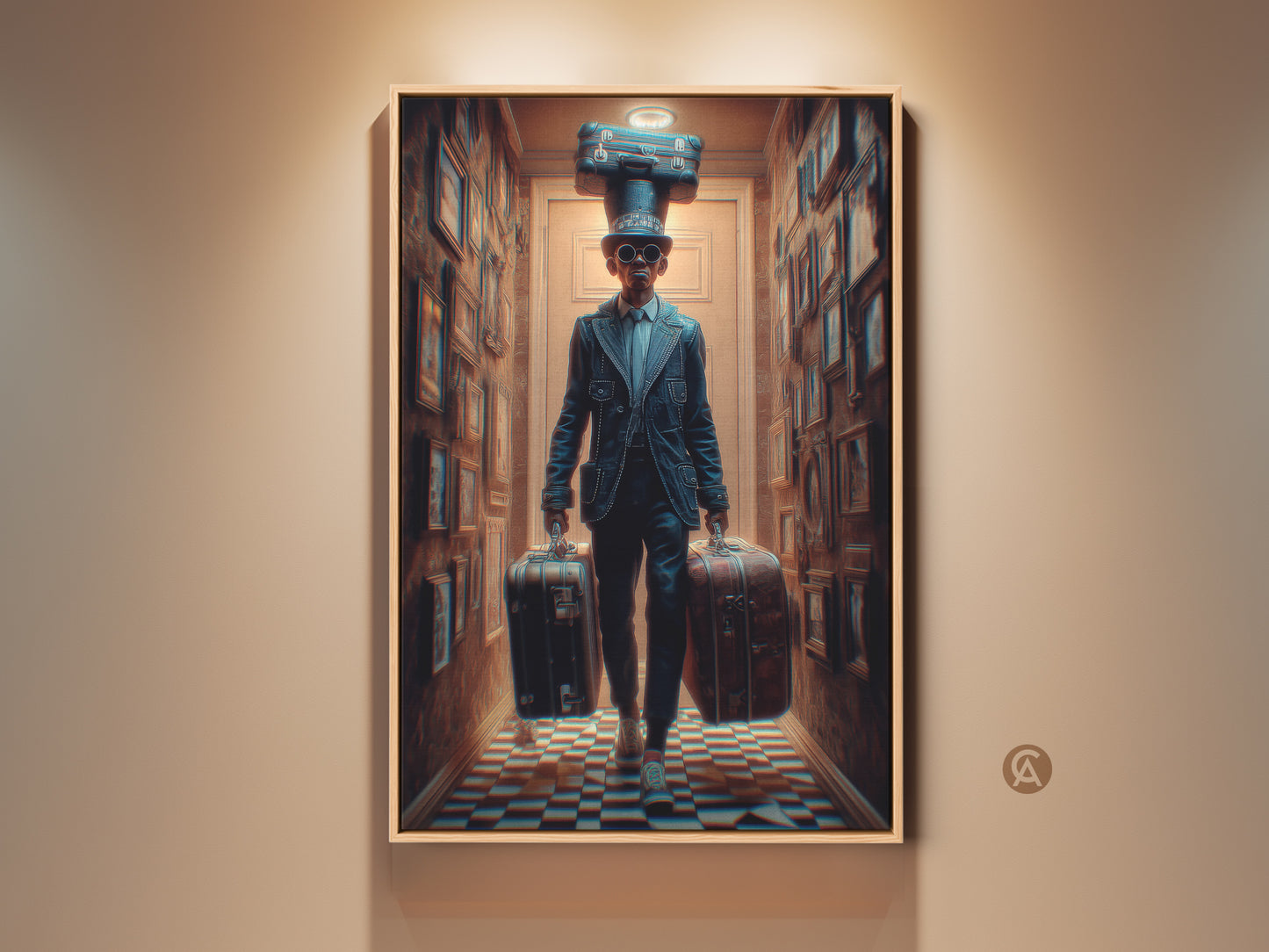 Surreal Steampunk Man with Suitcases Canvas Art. This eclectic artwork features a vintage-dressed man. He carries suitcases and balances one on his hat. The art is in navy blue and brown tones. This travel-themed canvas adds charm to any office or living space.