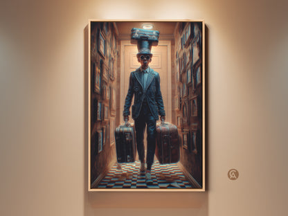 Surreal Steampunk Man with Suitcases Canvas Art. This eclectic artwork features a vintage-dressed man. He carries suitcases and balances one on his hat. The art is in navy blue and brown tones. This travel-themed canvas adds charm to any office or living space.