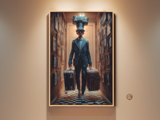 Surreal Steampunk Man with Suitcases Canvas Art. This eclectic artwork features a vintage-dressed man. He carries suitcases and balances one on his hat. The art is in navy blue and brown tones. This travel-themed canvas adds charm to any office or living space.