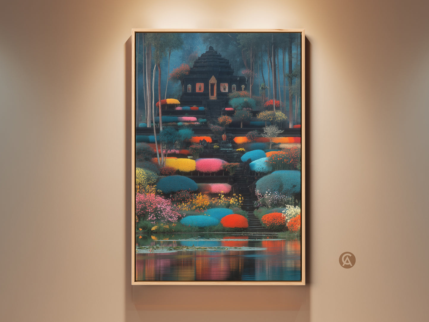 Eclectic Temple Garden wall art displayed in a well lit room. The teal red and green landscape canvas print brings a unique touch. This fantasy architecture art makes a thoughtful housewarming gift or travel lover present.