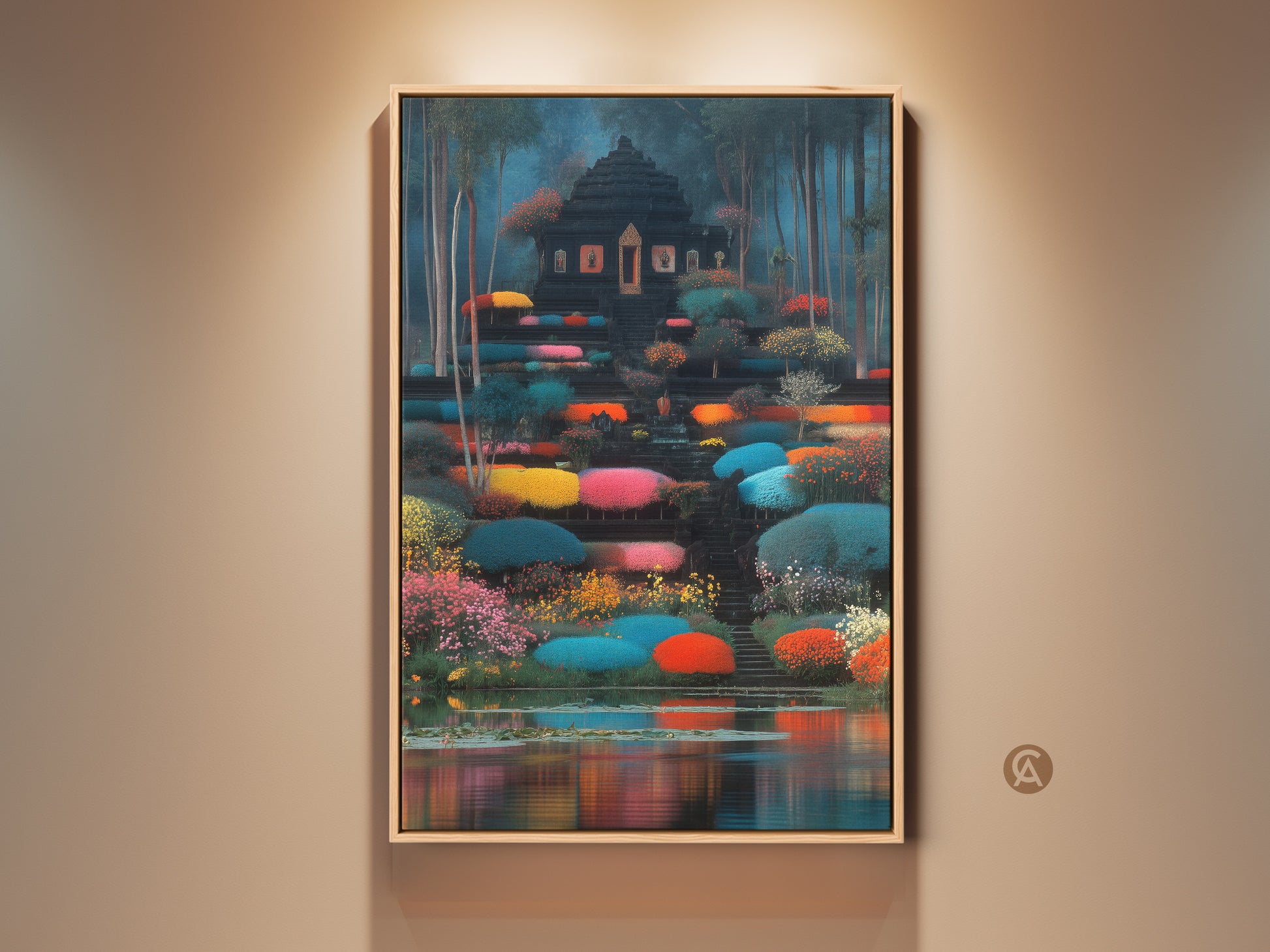 Eclectic Temple Garden wall art displayed in a well lit room. The teal red and green landscape canvas print brings a unique touch. This fantasy architecture art makes a thoughtful housewarming gift or travel lover present.