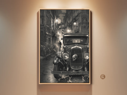 Monochrome artwork of a vintage car with a skull ornament. It's parked on a cobblestone street. A mysterious figure walks in the background. The art evokes a film noir ambiance.