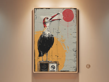 This is a surreal bird artwork. The bird sits atop a vintage radio in an eclectic mixed media style. Red and yellow accents highlight this unique home decor piece. Ideal as a housewarming gift or for art collectors seeking retro illustration art this print adds character to any space. Consider it for study room wall decor or creative office artwork.
