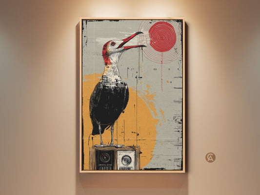 This is a surreal bird artwork. The bird sits atop a vintage radio in an eclectic mixed media style. Red and yellow accents highlight this unique home decor piece. Ideal as a housewarming gift or for art collectors seeking retro illustration art this print adds character to any space. Consider it for study room wall decor or creative office artwork.