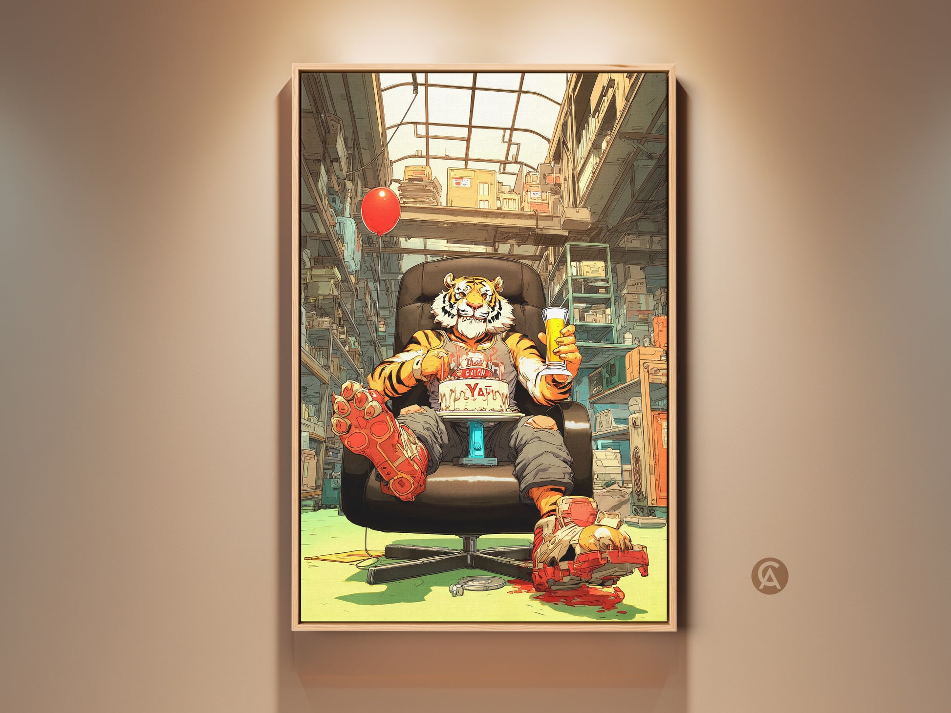 Surreal pop art tiger print for unique office wall decor. This eclectic canvas artwork in orange red and yellow brings a touch of humor and fantasy. Perfect as a birthday gift or a quirky addition to any space needing bold animal art. A unique animal print indeed