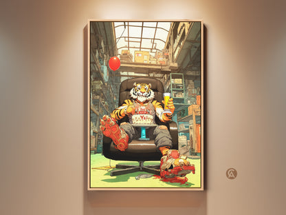 Surreal pop art tiger print for unique office wall decor. This eclectic canvas artwork in orange red and yellow brings a touch of humor and fantasy. Perfect as a birthday gift or a quirky addition to any space needing bold animal art. A unique animal print indeed