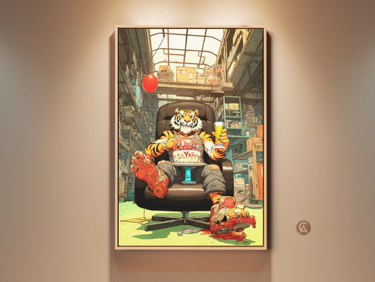 Surreal pop art tiger print for unique office wall decor. This eclectic canvas artwork in orange red and yellow brings a touch of humor and fantasy. Perfect as a birthday gift or a quirky addition to any space needing bold animal art. A unique animal print indeed