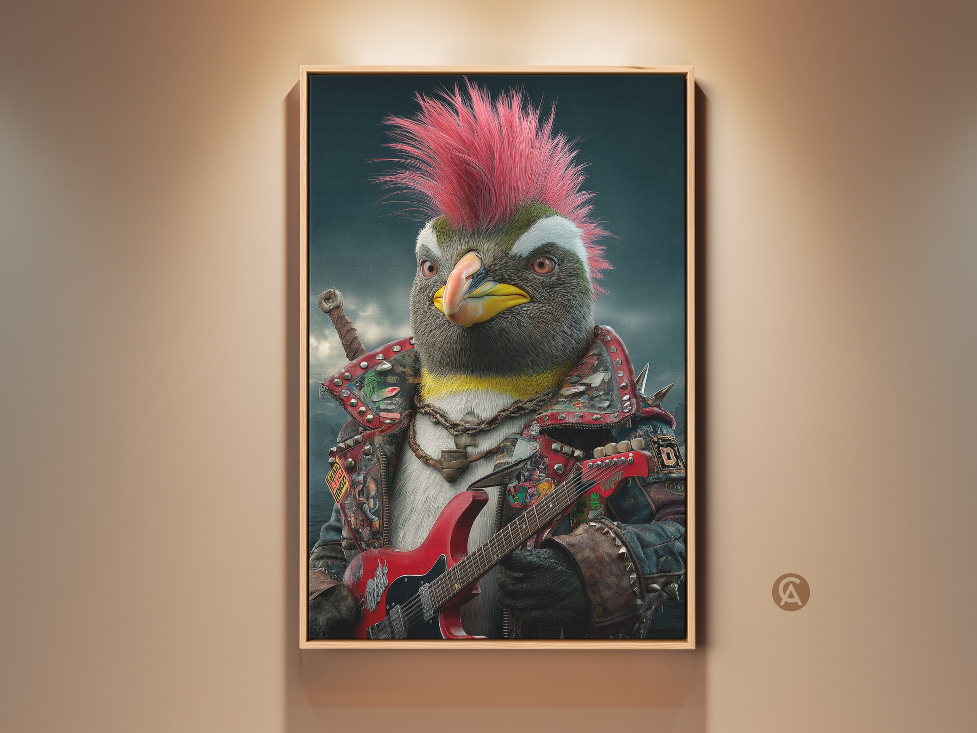 Punk rock penguin artwork is displayed in a wooden frame. This wall decor features a penguin with a hot pink mohawk. The animal is dressed in a studded jacket and playing an electric guitar. It's a unique gift for music lovers and adds an edgy touch to any room.