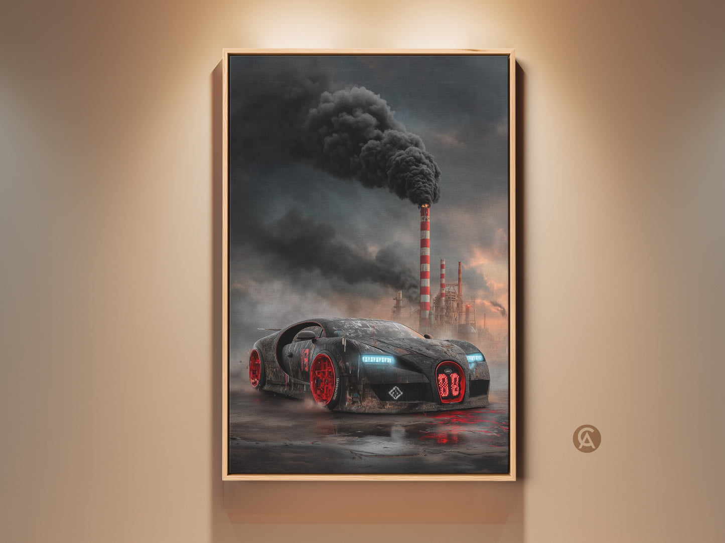 A cyberpunk supercar canvas art print is displayed in a loft-style setting. This black and red vehicle decor adds an edgy industrial touch to any office garage or man cave. The artwork features a futuristic supercar set against smokestacks. Red wheels add a vibrant splash of color. Perfect for automotive enthusiasts seeking cool wall decor.