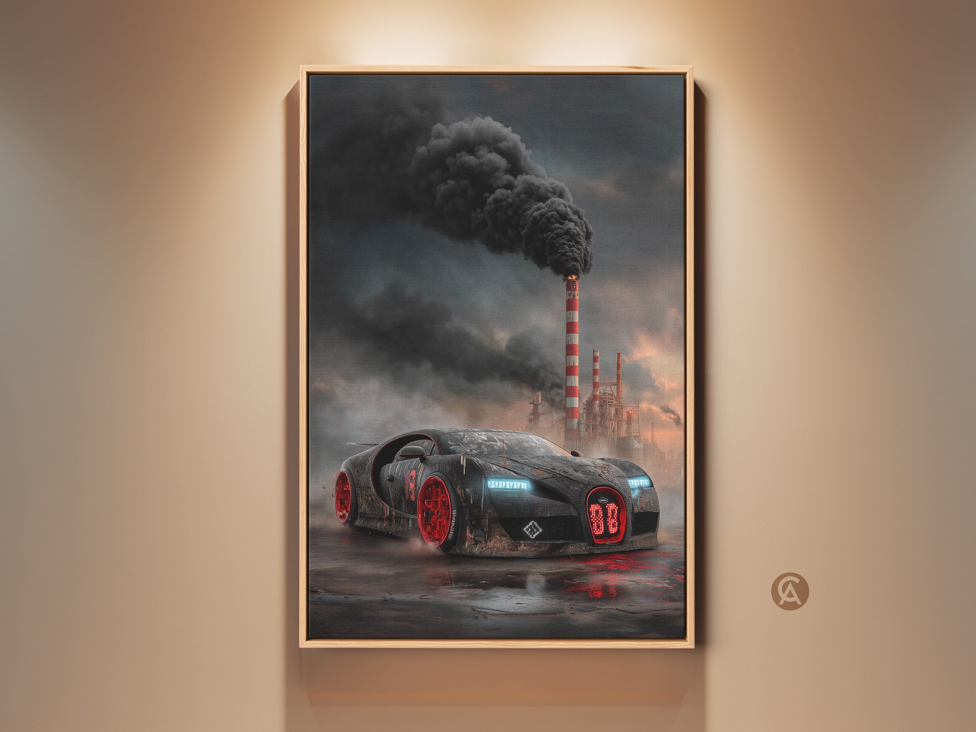 A cyberpunk supercar canvas art print is displayed in a loft-style setting. This black and red vehicle decor adds an edgy industrial touch to any office garage or man cave. The artwork features a futuristic supercar set against smokestacks. Red wheels add a vibrant splash of color. Perfect for automotive enthusiasts seeking cool wall decor.