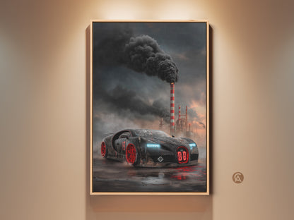 A cyberpunk supercar canvas art print is displayed in a loft-style setting. This black and red vehicle decor adds an edgy industrial touch to any office garage or man cave. The artwork features a futuristic supercar set against smokestacks. Red wheels add a vibrant splash of color. Perfect for automotive enthusiasts seeking cool wall decor.