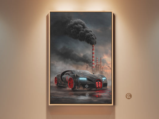 A cyberpunk supercar canvas art print is displayed in a loft-style setting. This black and red vehicle decor adds an edgy industrial touch to any office garage or man cave. The artwork features a futuristic supercar set against smokestacks. Red wheels add a vibrant splash of color. Perfect for automotive enthusiasts seeking cool wall decor.