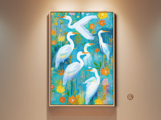 Gallery view of a framed teal blue egret art print. This floral nature canvas wall art features colorful birds and eclectic home decor elements. Perfect as a unique gift or sunroom wall decoration. The artwork adds artistic charm to any living space with its vibrant colors.