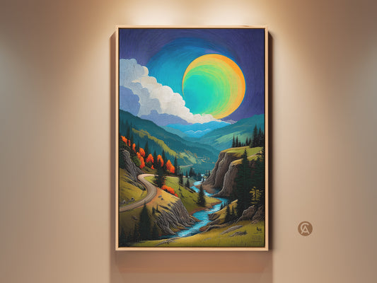 This art print showcases a vibrant mountain river landscape. An emerald moon hovers above a winding road and a flowing river valley. This boho nature artwork makes a serene housewarming gift. It's perfect for outdoor lovers seeking unique wall decor.