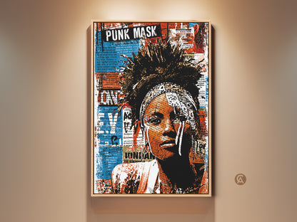 Woman Portrait Art Print with a Punk Mask theme. The artwork combines urban street art with an eclectic red blue orange palette. A unique wall decor piece for music lovers. It features typography and collage elements. Perfect for adding a distinctive touch to any room. Consider this bold and alternative wall art.