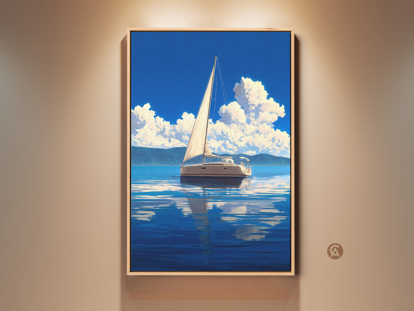 Framed coastal sailboat artwork print. A blue ocean seascape wall decor for nautical enthusiasts. This serene landscape artwork brings a touch of the sea into any room. The sailing boat is reflected on the tranquil water surface. A perfect gift for sailors and boat enthusiasts.