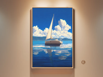 Framed coastal sailboat artwork print. A blue ocean seascape wall decor for nautical enthusiasts. This serene landscape artwork brings a touch of the sea into any room. The sailing boat is reflected on the tranquil water surface. A perfect gift for sailors and boat enthusiasts.