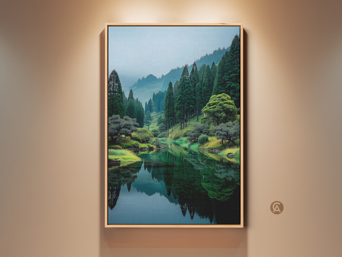 Gallery display of a framed nature artwork. The artwork features a tranquil lake mirroring a lush forest. It is ready to hang and adds natural beauty to any space. Perfect wall decor.