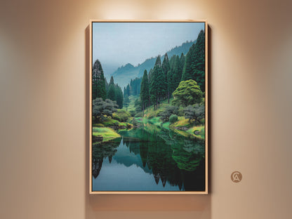 Gallery display of a framed nature artwork. The artwork features a tranquil lake mirroring a lush forest. It is ready to hang and adds natural beauty to any space. Perfect wall decor.